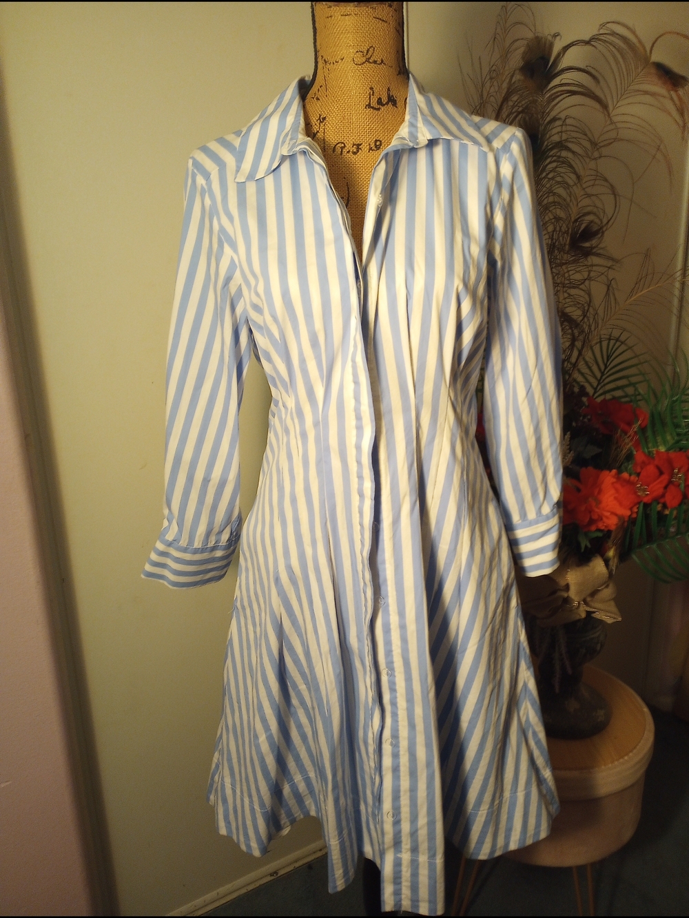 Donna Ricco Blue and White Button-Front Shirt Dress